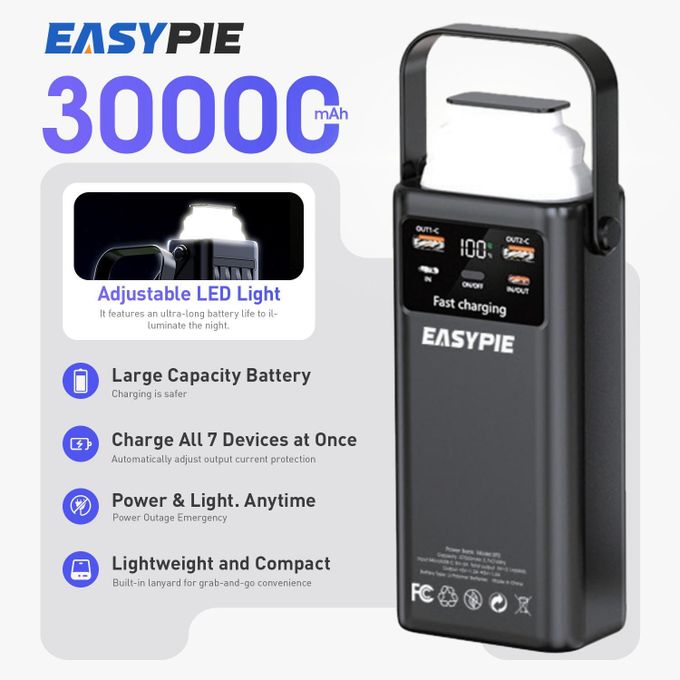 EASYPIE 30000mAh Power Bank with 4 Built-in Cables